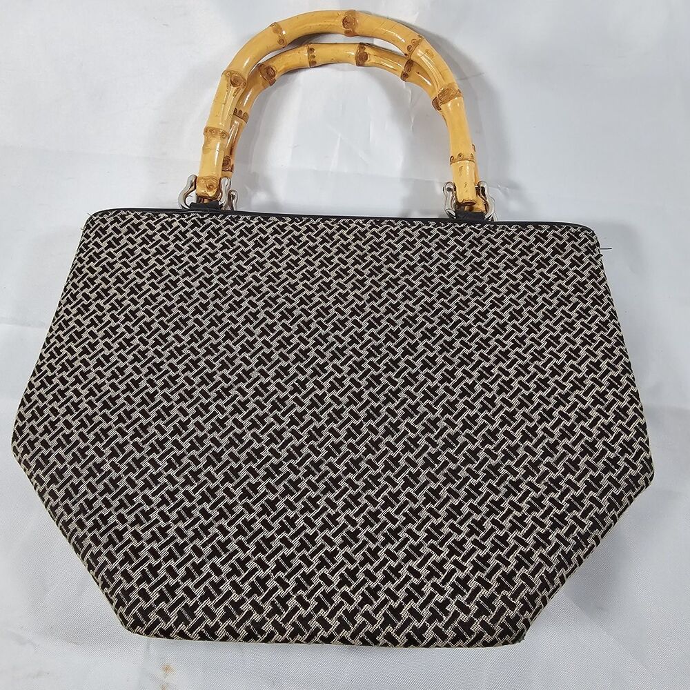 TALBOTS Black Linen, HAND BAG w/ BAMBOO HANDLES Pre-Owned